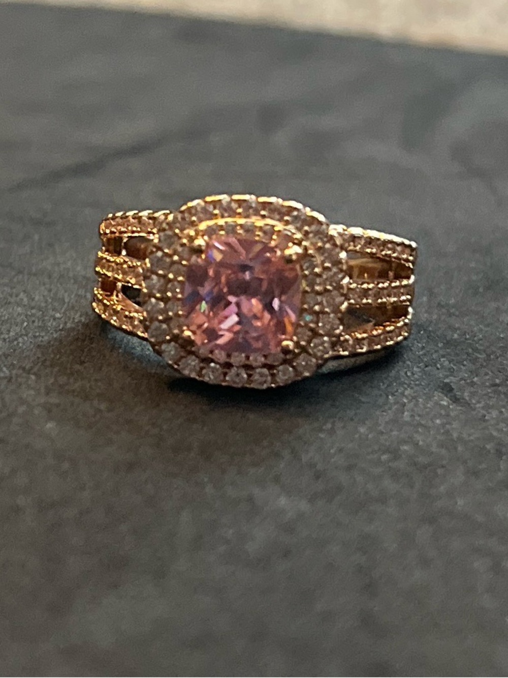 Rose Gold Pink Center Halo Ring with Pavé Band